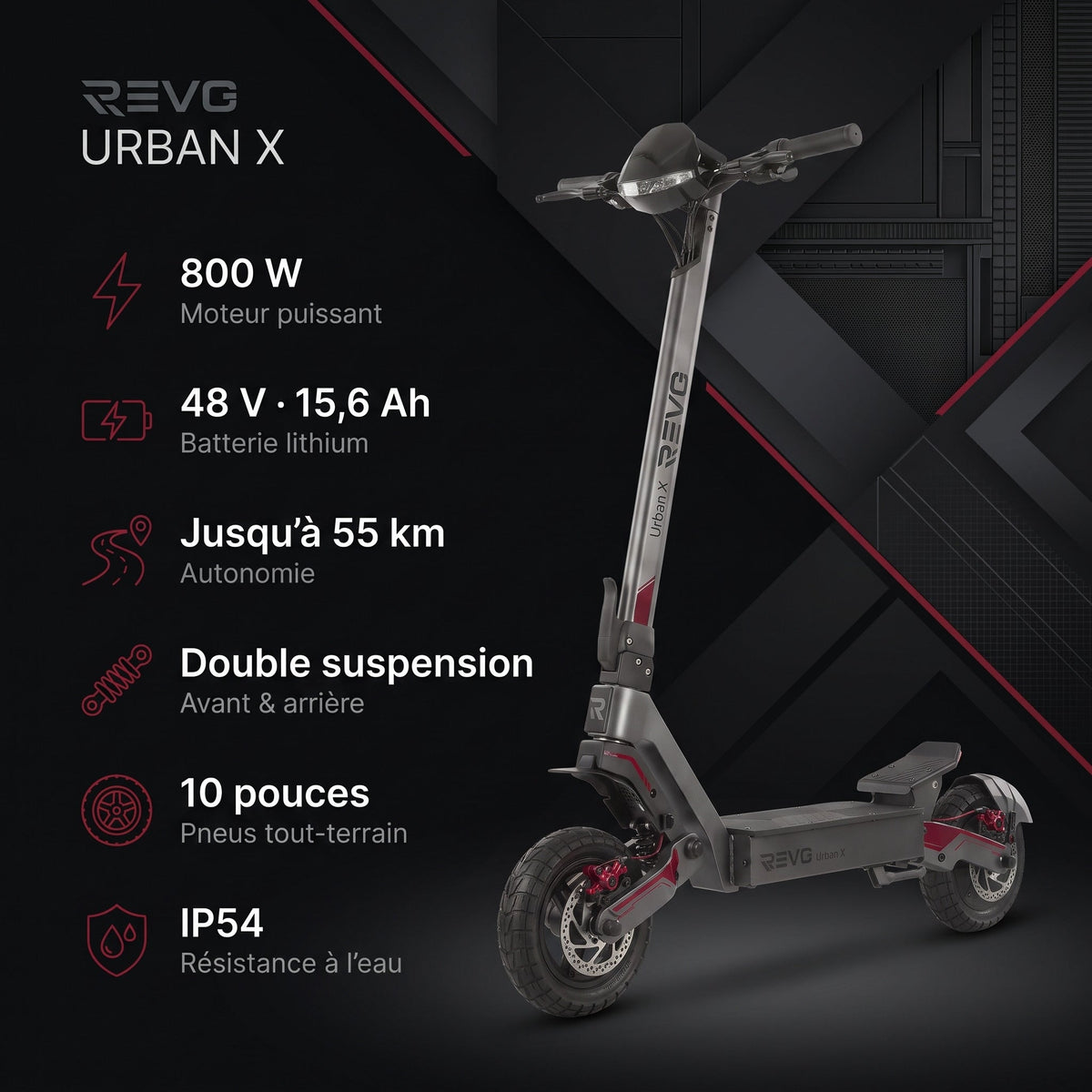 Trottinette Électrique REVO Urban X – 800 W – Autonomie 55 km – Pneus 10 – Suspensions AV/AR