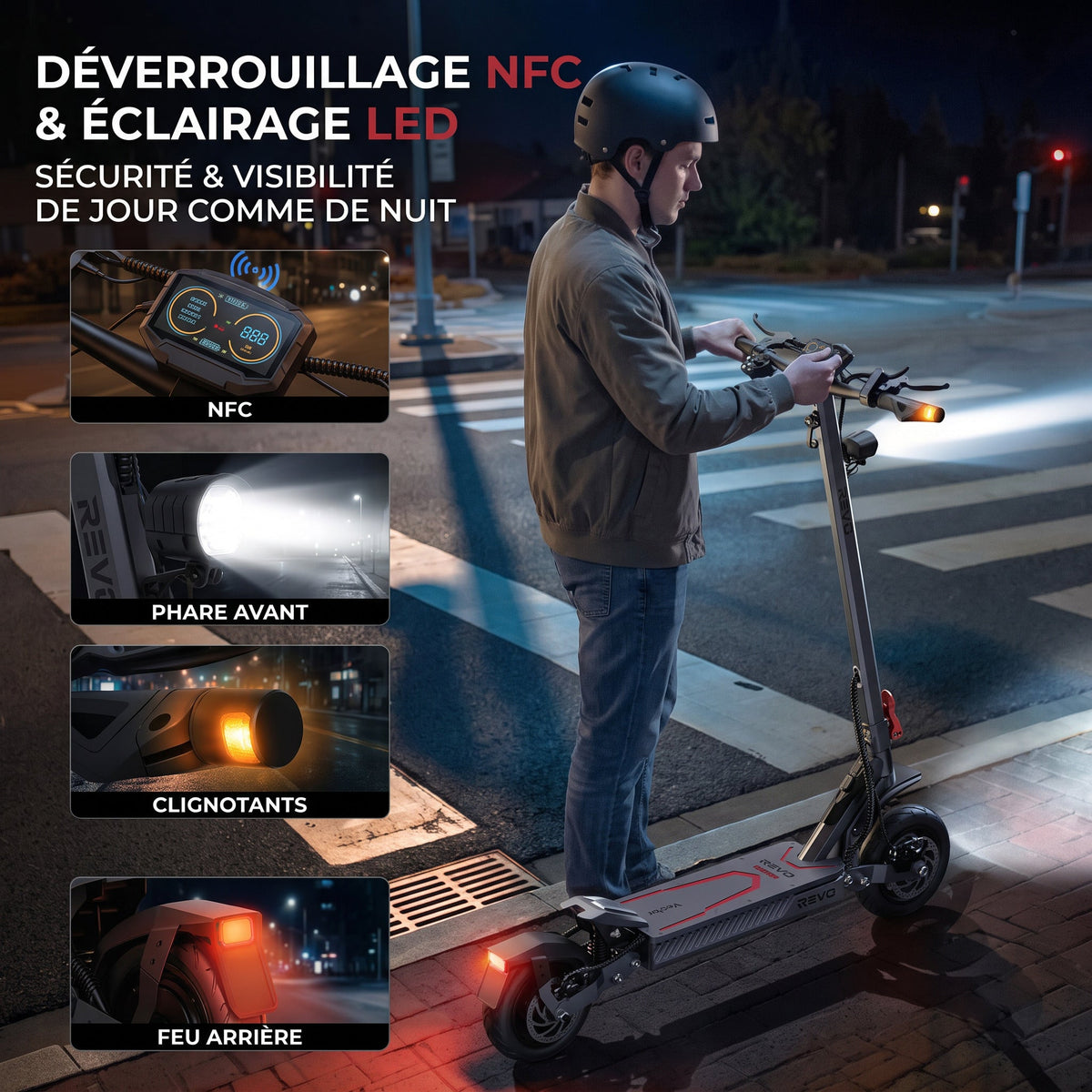 Trottinette Électrique REVO Vector – 1100 W Max. – Autonomie 70 km – Batterie 48 V 13 Ah – Pneus 10 – Suspension & NFC