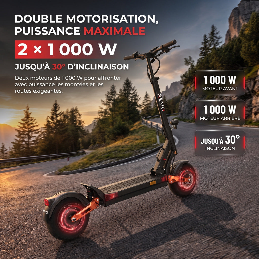 Trottinette Électrique REVO Titan X2 – Double Moteur 2 × 1 000 W – Autonomie jusqu’à 75 km – Batterie 60 V 18 Ah – Pneus Tout-Terrain 10