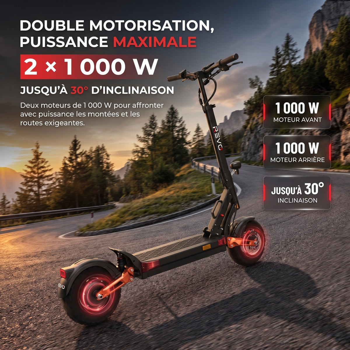 Trottinette Électrique REVO Titan X2 – Double Moteur 2 × 1 000 W – Autonomie jusqu’à 75 km – Batterie 60 V 18 Ah – Pneus Tout-Terrain 10