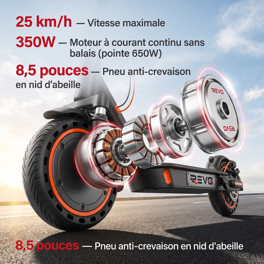 Trottinette Électrique REVO Nova – 350 W (Pointe 650 W) – Autonomie 30-35 km – Batterie 36V 7,8 Ah – Pneus 8,5 Nid d'Abeille