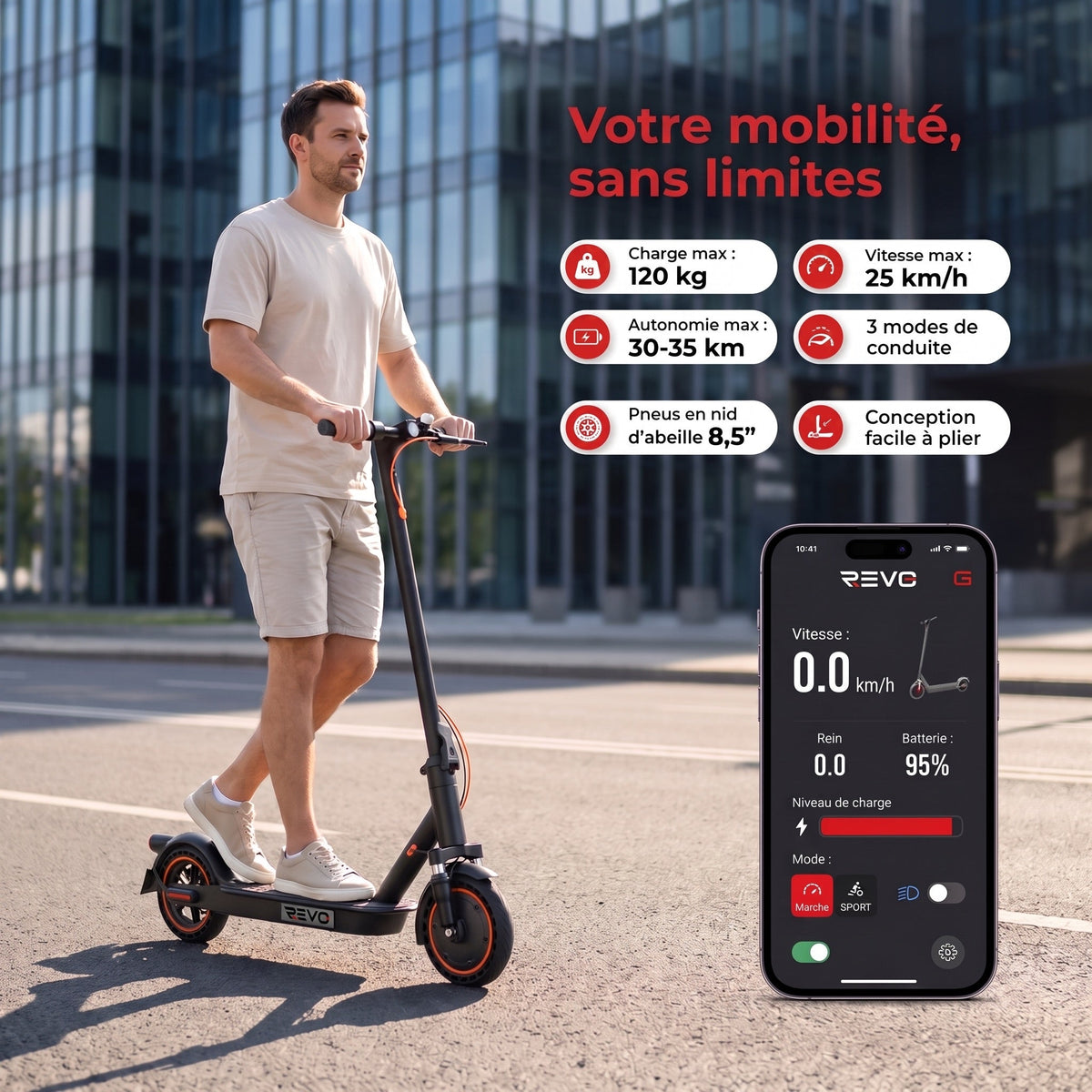 Trottinette Électrique REVO Nova – 350 W (Pointe 650 W) – Autonomie 30-35 km – Batterie 36V 7,8 Ah – Pneus 8,5 Nid d'Abeille