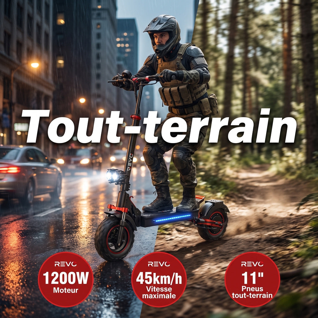 Trottinette Électrique REVO Peak – 1000 W (pointe 1200 W) – Autonomie 55 km – Batterie 48V 15Ah – Pneus 11 Tout-Terrain