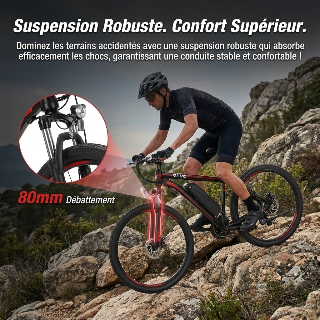 Vélo Électrique VTT REVO Ridge 65 – 250 W – Autonomie jusqu’à 65 km – Batterie Amovible 13 Ah – 21 Vitesses – Pneus 26**