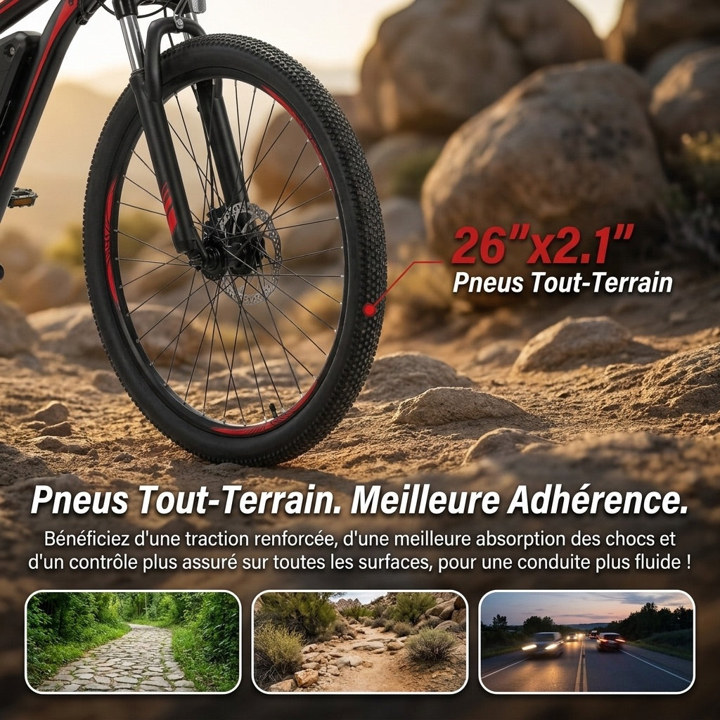 Vélo Électrique VTT REVO Ridge 65 – 250 W – Autonomie jusqu’à 65 km – Batterie Amovible 13 Ah – 21 Vitesses – Pneus 26**
