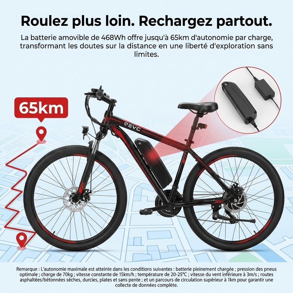 Vélo Électrique VTT REVO Ridge 65 – 250 W – Autonomie jusqu’à 65 km – Batterie Amovible 13 Ah – 21 Vitesses – Pneus 26**