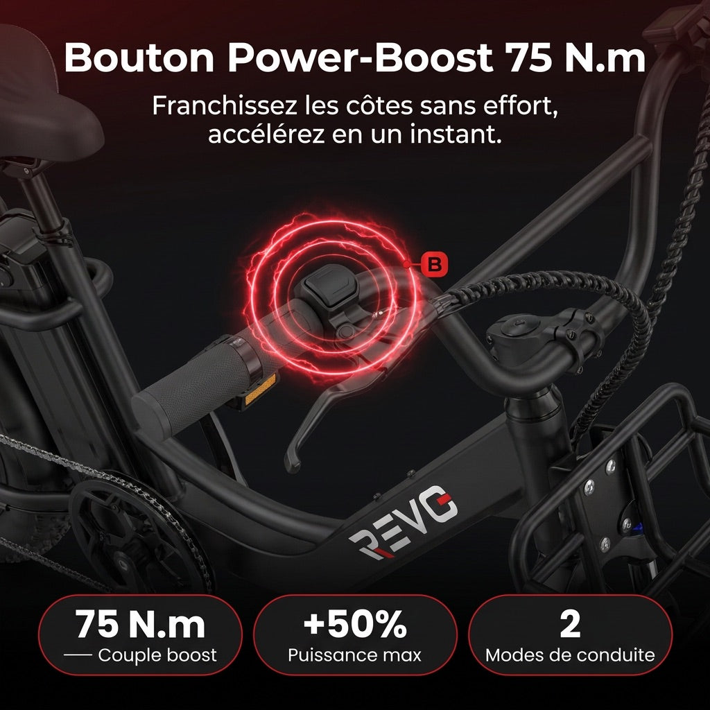Vélo Électrique Fat Bike REVO Terra Boost – 250 W – Autonomie jusqu’à 126 km – Batterie 48 V 13 Ah – Couple 75 Nm – Pneus 20 x 4