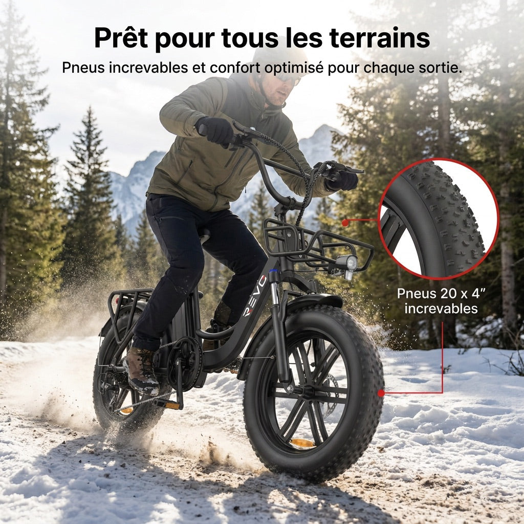Vélo Électrique Fat Bike REVO Terra Boost – 250 W – Autonomie jusqu’à 126 km – Batterie 48 V 13 Ah – Couple 75 Nm – Pneus 20 x 4