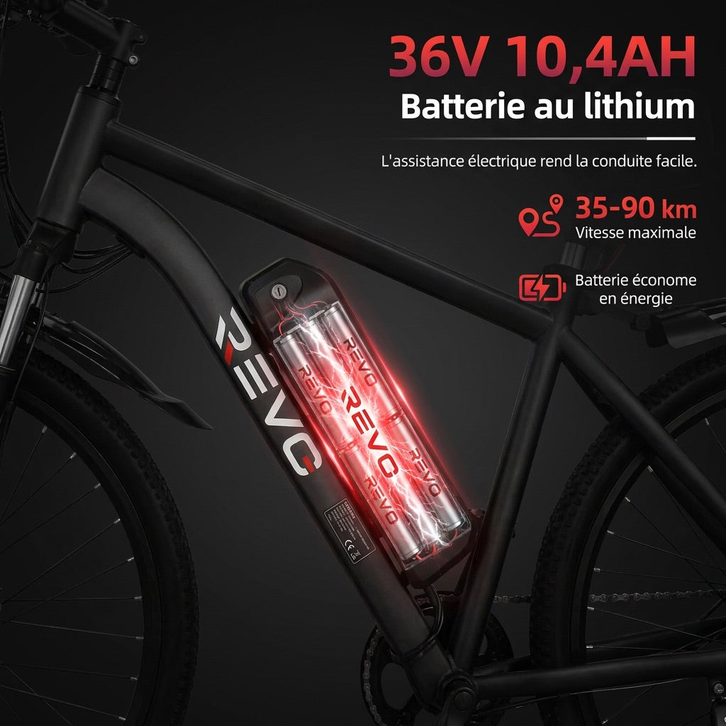 Vélo Électrique VTT REVO Trail – 250 W – Autonomie 35 à 90 km – Batterie 36 V 10,4 Ah – Pneus 26 – 7 Vitesses