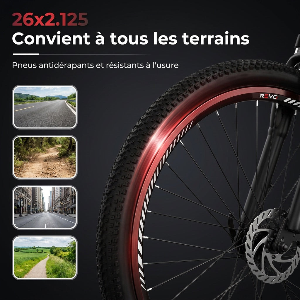 Vélo Électrique VTT REVO Trail – 250 W – Autonomie 35 à 90 km – Batterie 36 V 10,4 Ah – Pneus 26 – 7 Vitesses