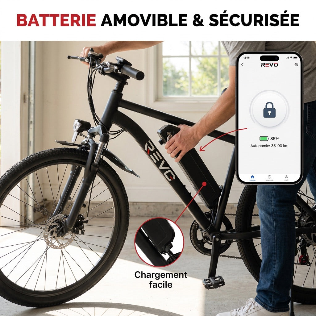 Vélo Électrique VTT REVO Trail – 250 W – Autonomie 35 à 90 km – Batterie 36 V 10,4 Ah – Pneus 26 – 7 Vitesses