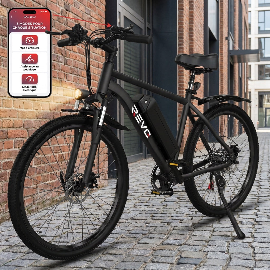 Vélo Électrique VTT REVO Trail – 250 W – Autonomie 35 à 90 km – Batterie 36 V 10,4 Ah – Pneus 26 – 7 Vitesses