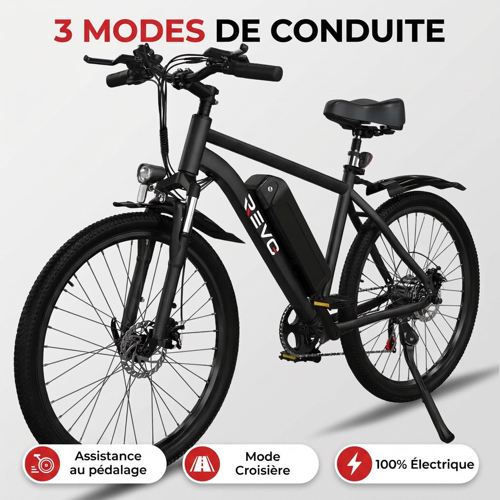Vélo Électrique VTT REVO Trail – 250 W – Autonomie 35 à 90 km – Batterie 36 V 10,4 Ah – Pneus 26 – 7 Vitesses