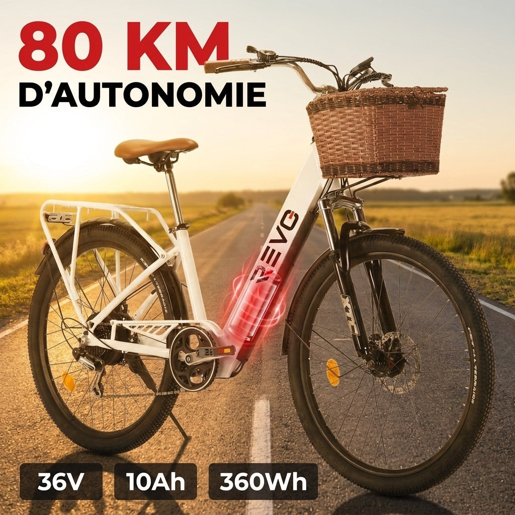 Vélo Électrique REVO Citya – 250 W – Autonomie 80 km – Batterie 36 V 10 Ah – 26 – Panier & Porte-Bagages