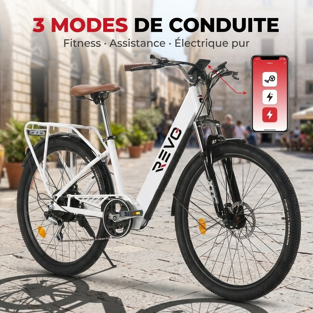 Vélo Électrique REVO Citya – 250 W – Autonomie 80 km – Batterie 36 V 10 Ah – 26 – Panier & Porte-Bagages