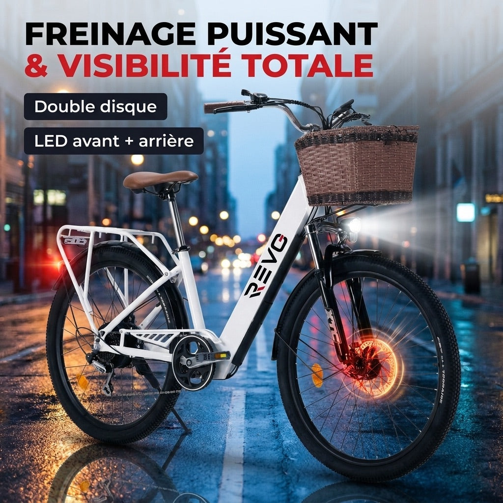 Vélo Électrique REVO Citya – 250 W – Autonomie 80 km – Batterie 36 V 10 Ah – 26 – Panier & Porte-Bagages
