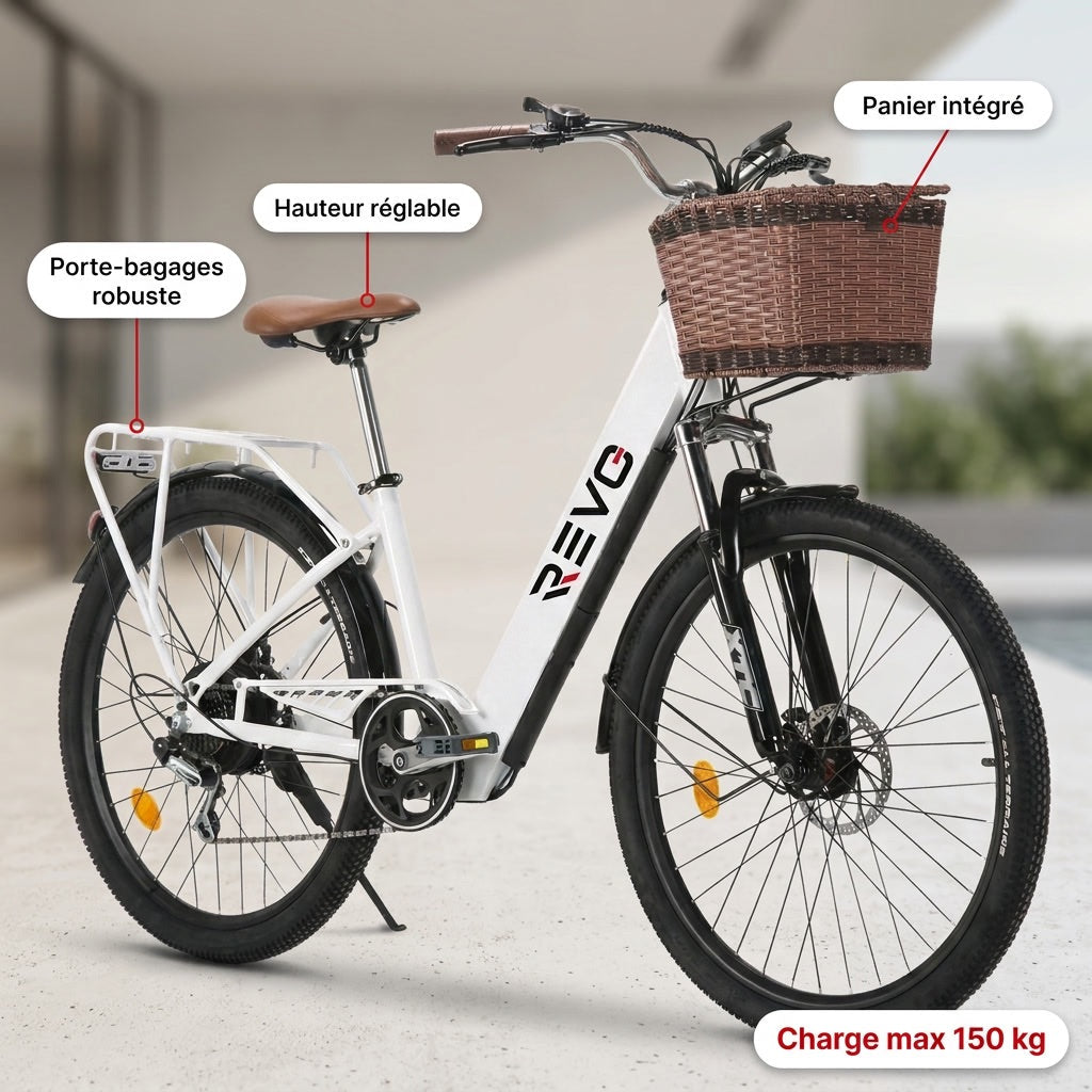 Vélo Électrique REVO Citya – 250 W – Autonomie 80 km – Batterie 36 V 10 Ah – 26 – Panier & Porte-Bagages
