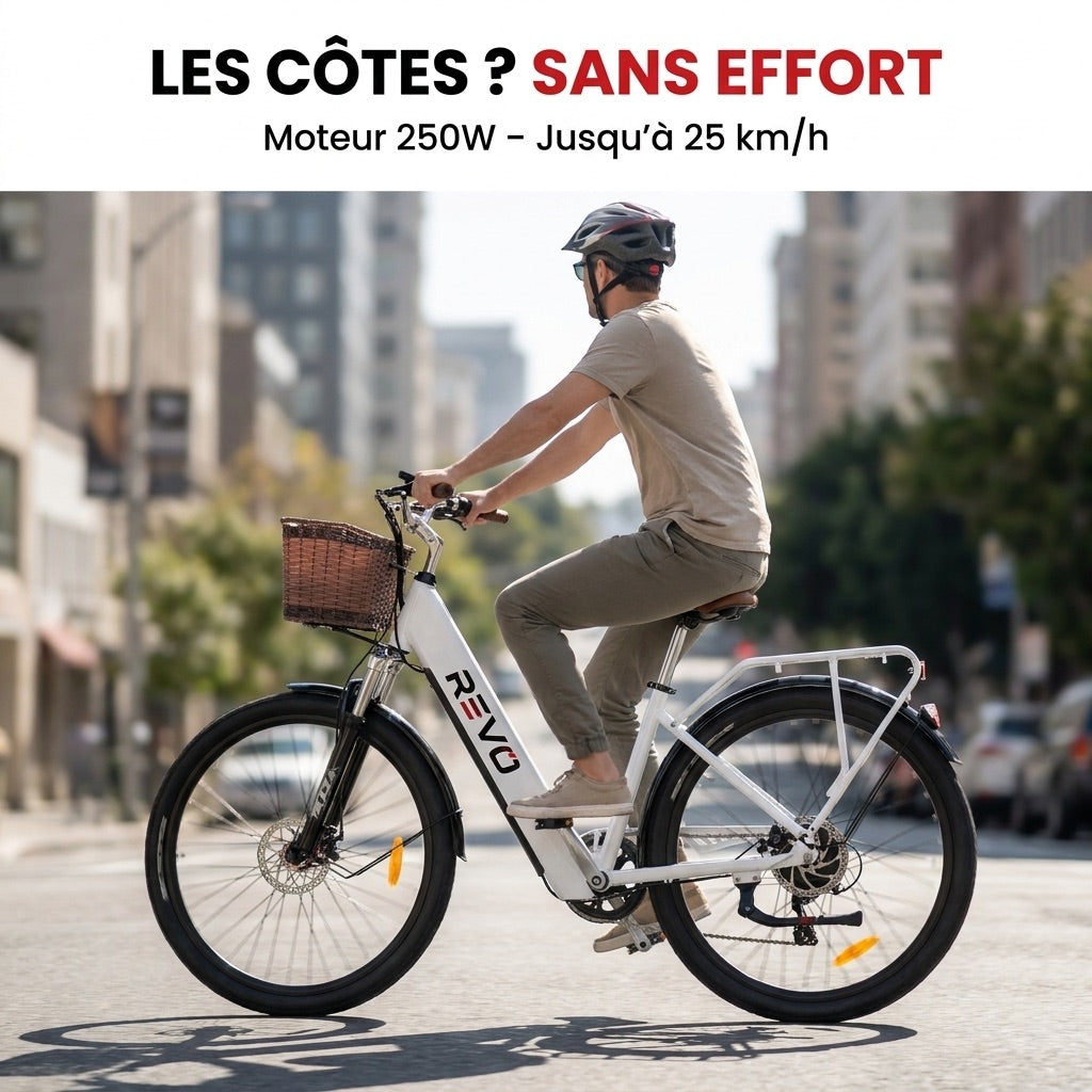 Vélo Électrique REVO Citya – 250 W – Autonomie 80 km – Batterie 36 V 10 Ah – 26 – Panier & Porte-Bagages
