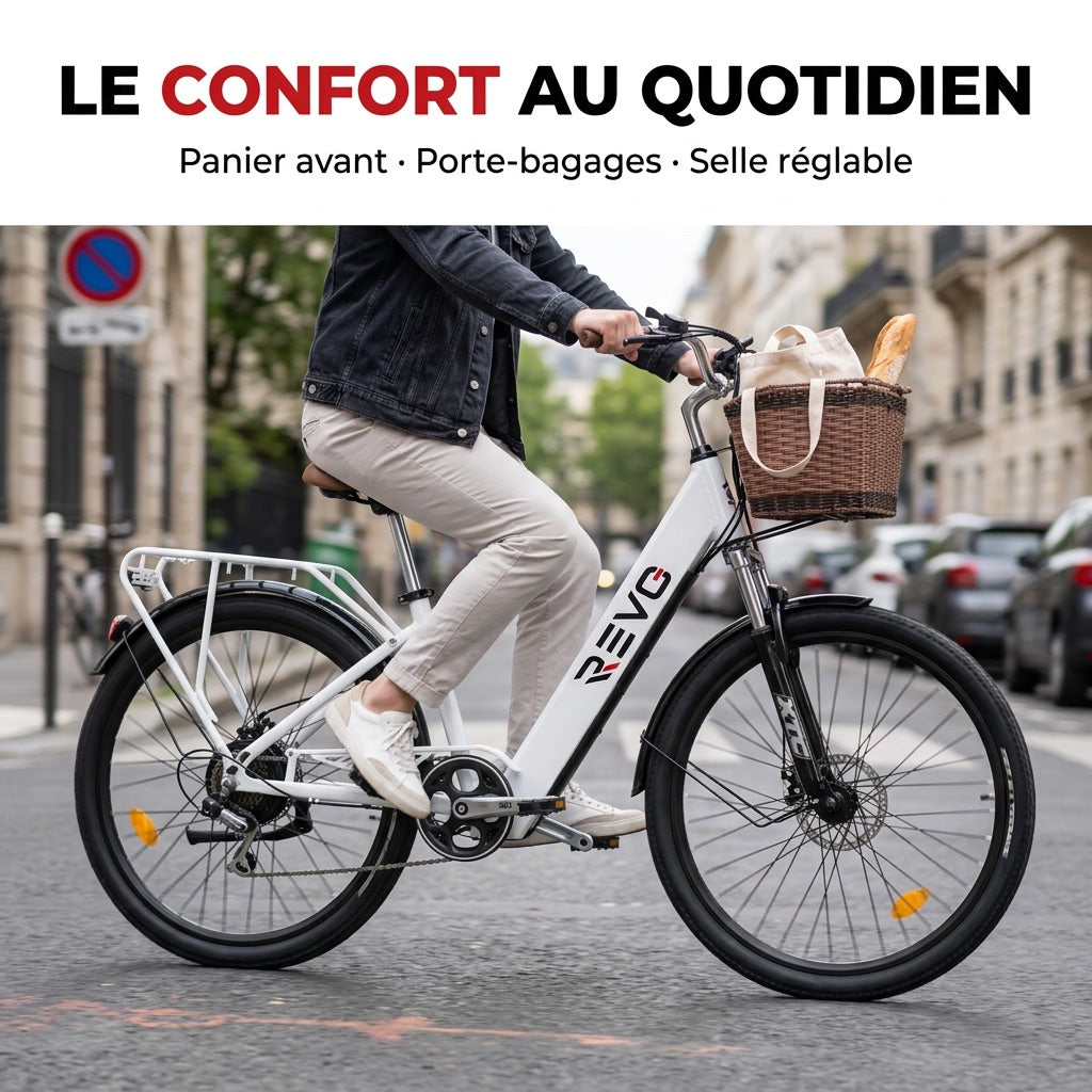 Vélo Électrique REVO Citya – 250 W – Autonomie 80 km – Batterie 36 V 10 Ah – 26 – Panier & Porte-Bagages