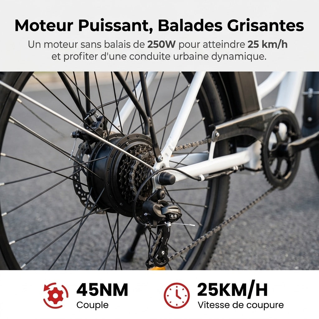 Vélo Électrique REVO CityFlow – 250 W – Autonomie 90 km – Batterie 561,6 Wh – Shimano 7 Vitesses – Roues 26