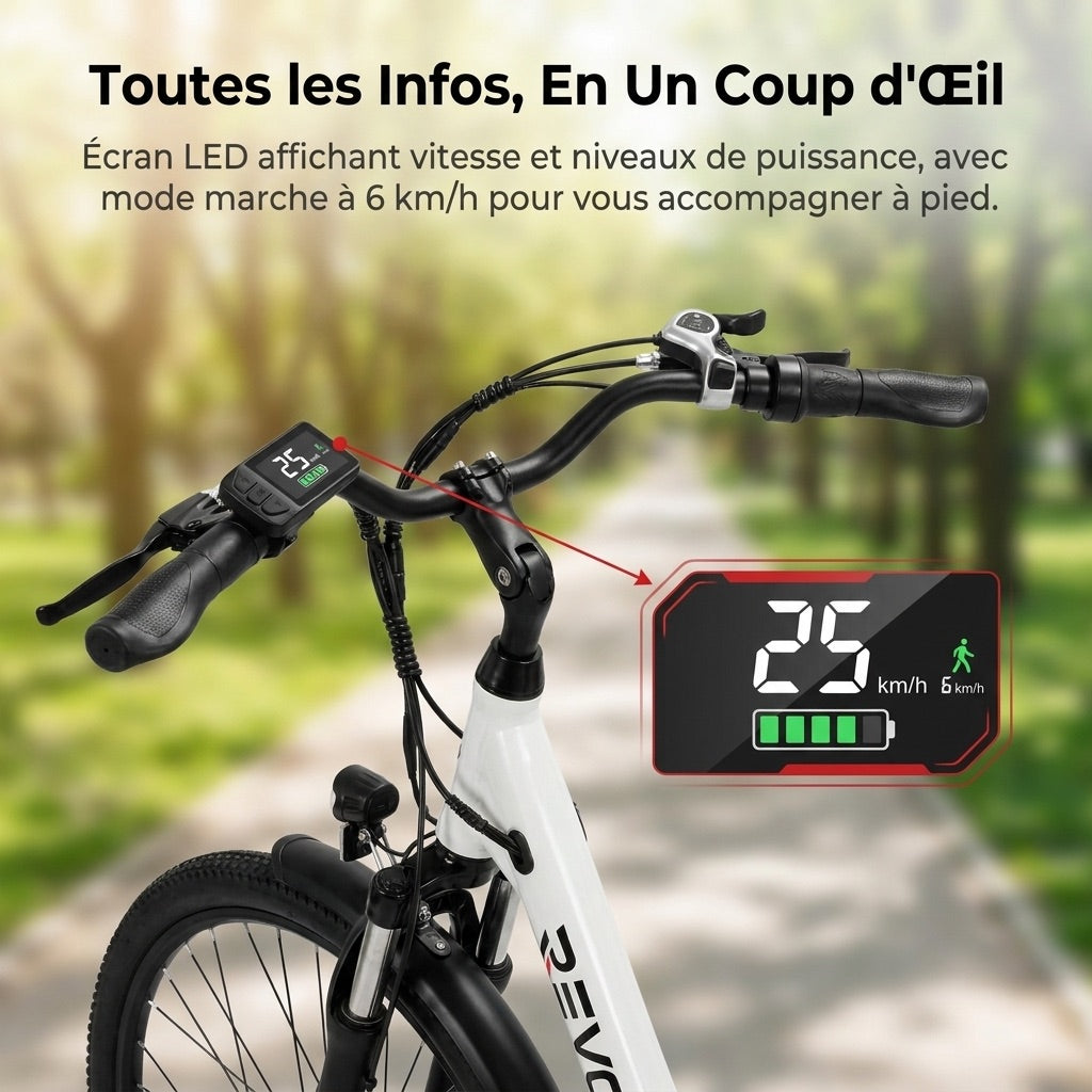 Vélo Électrique REVO CityFlow – 250 W – Autonomie 90 km – Batterie 561,6 Wh – Shimano 7 Vitesses – Roues 26