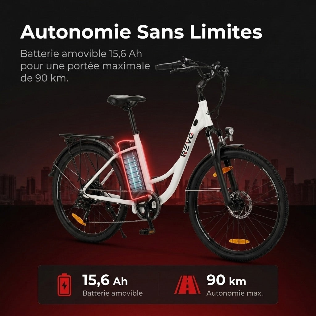 Vélo Électrique REVO CityFlow – 250 W – Autonomie 90 km – Batterie 561,6 Wh – Shimano 7 Vitesses – Roues 26