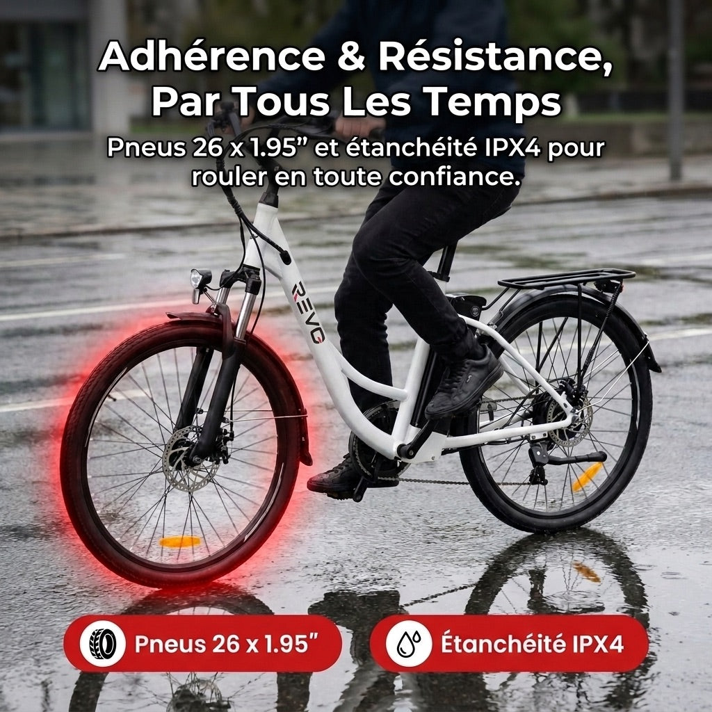 Vélo Électrique REVO CityFlow – 250 W – Autonomie 90 km – Batterie 561,6 Wh – Shimano 7 Vitesses – Roues 26